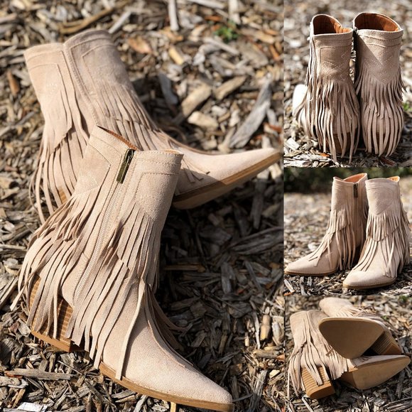 NEW Fringe Tassel Faux Suede Pointy Toe Block Heel Western Booties Boots Taupe - Picture 4 of 14